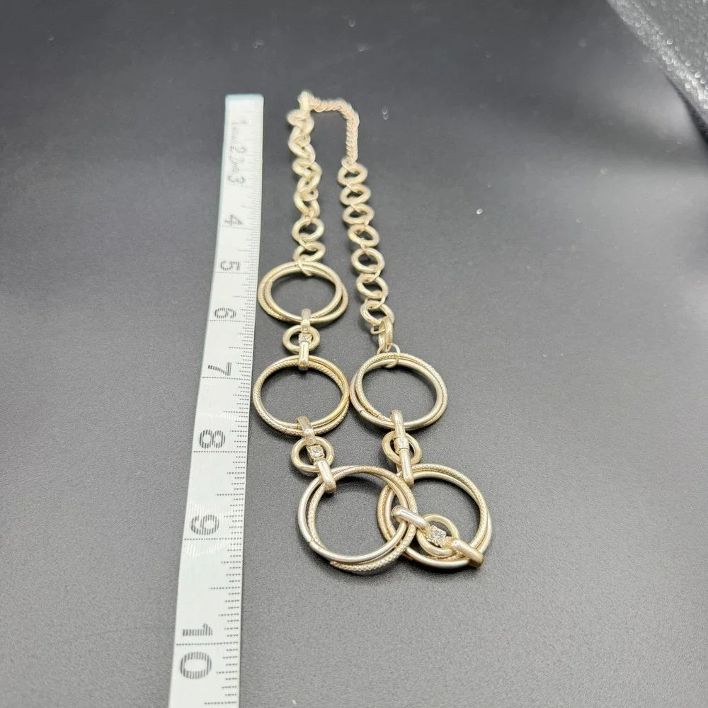 Silver Tone Circle Link Statement Necklace Rhinestone Accents Modern Geometric